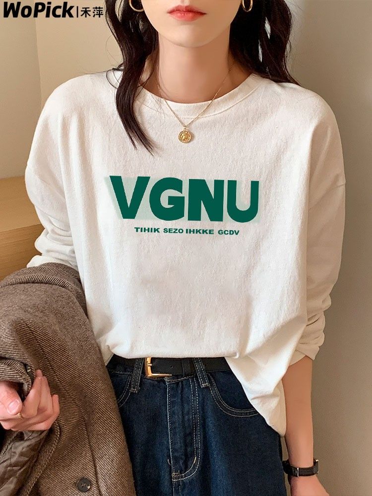白色純棉長袖t恤女2023春秋新款打底衫韓版寬鬆百搭字母印花上衣