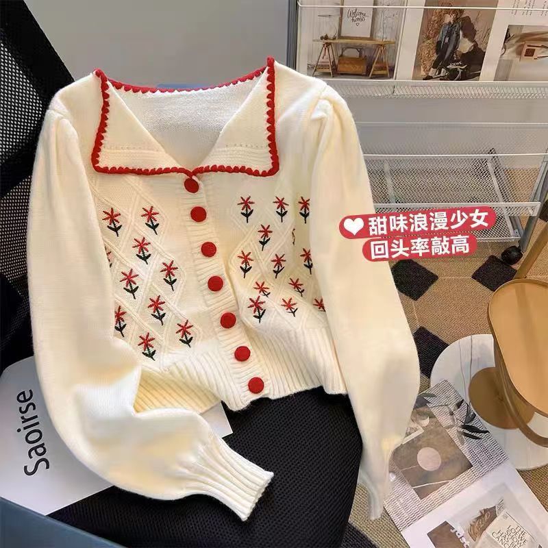 日系復古軟糯娃娃領短款毛衣女寬鬆氣質慵懶溫柔風針織開衫外套