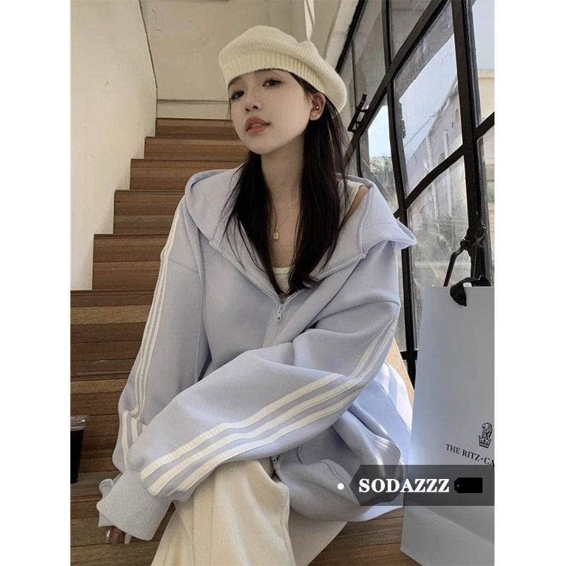 SODAZZZ設計感小眾拼接拉鏈上衣女秋季加絨加厚條紋連帽衛衣外套