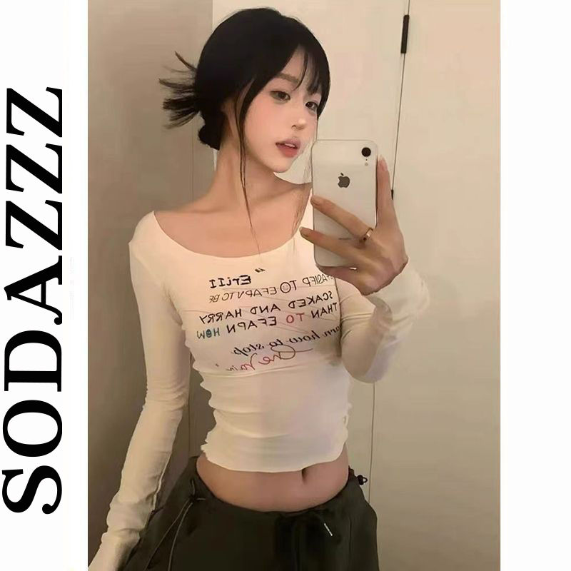 美式修身U領小眾塗鴉長袖t恤女春秋季新款顯瘦短款辣妹打底衫上衣