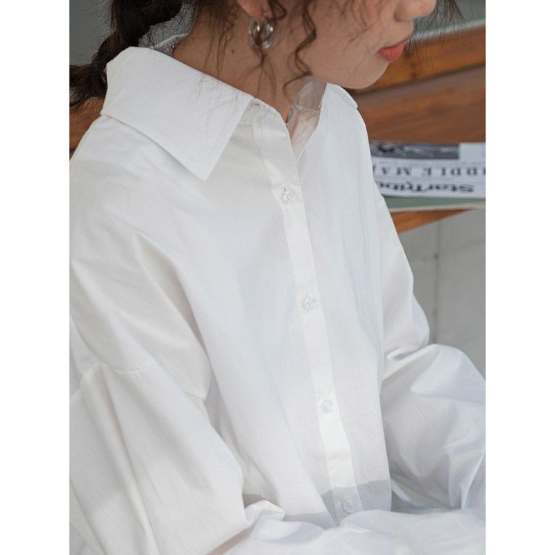 日系简约白色长袖衬衫女春秋新款叠穿衬衣百搭宽松显瘦学院风上衣