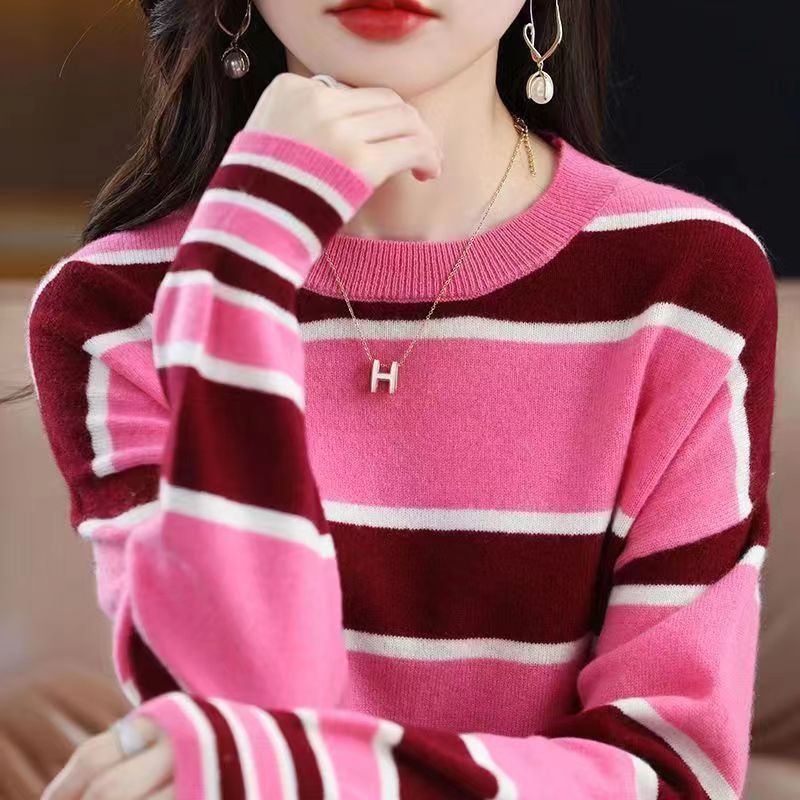 甜美小眾時尚條紋毛衣女秋冬新款百搭洋氣寬鬆拼色套頭打底針織衫