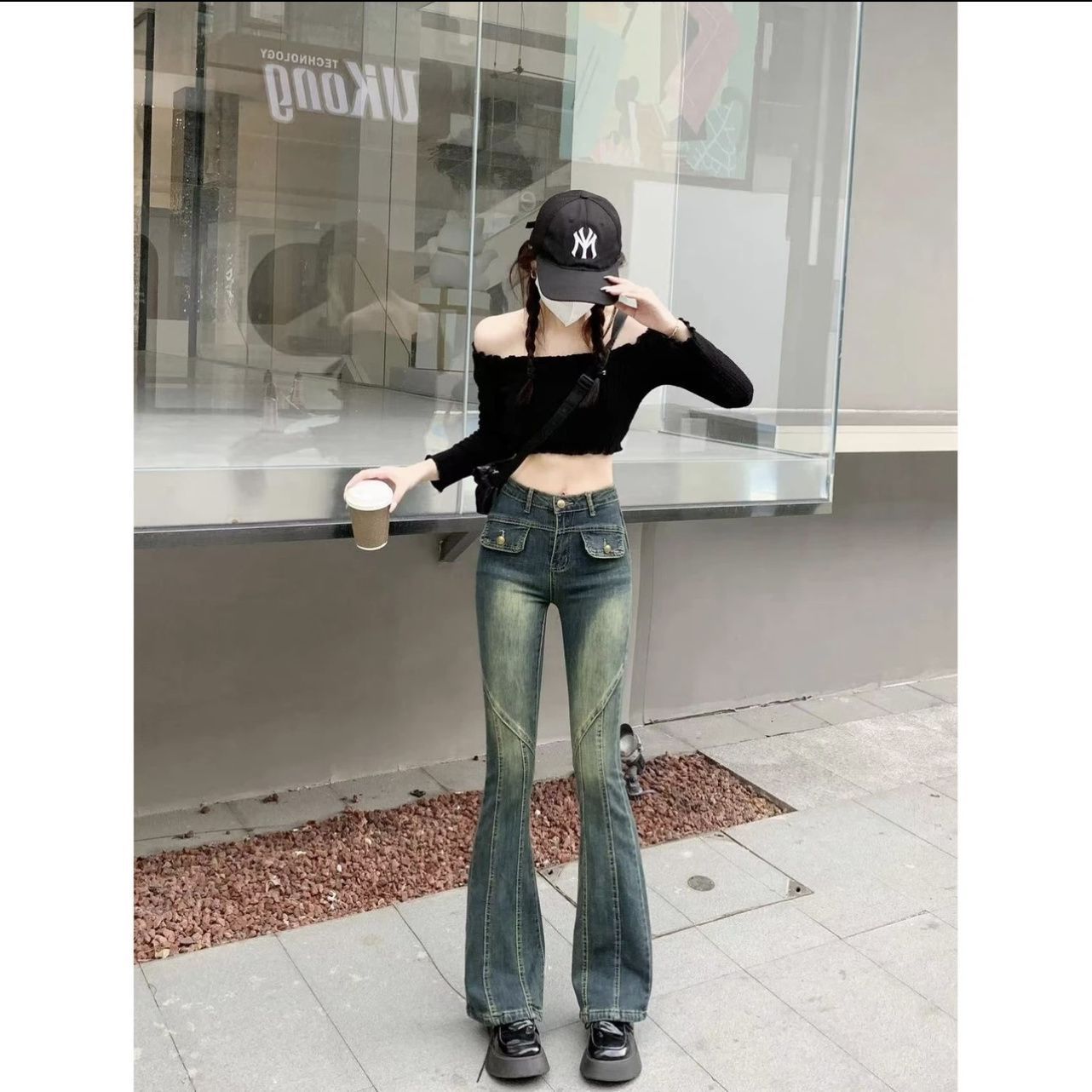 新款美式2023秋裝高街復古水洗牛仔褲百搭高腰小眾顯瘦微喇褲女潮