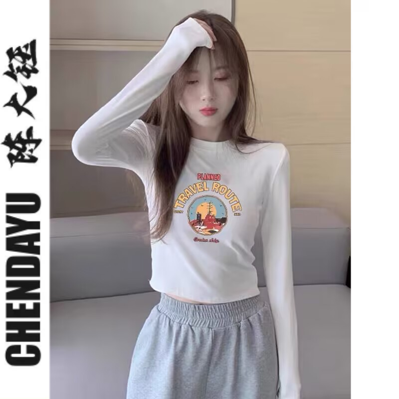 白色洋氣春秋修身長袖t恤女短款高腰露臍美式復古小眾打底上衣潮