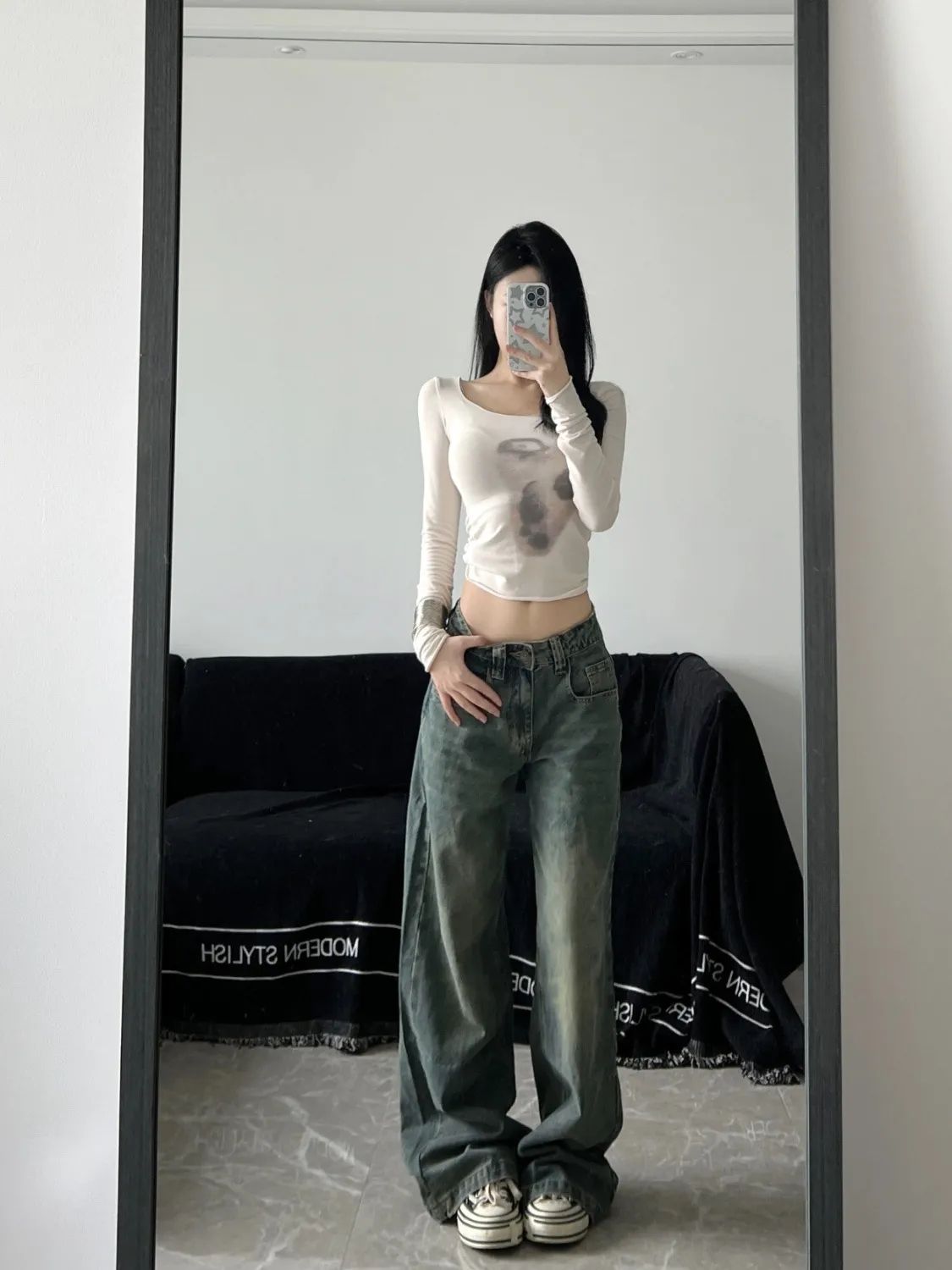 復古水洗做舊牛仔褲女2023秋季新款高腰顯瘦闊腿直筒垂感拖地褲子