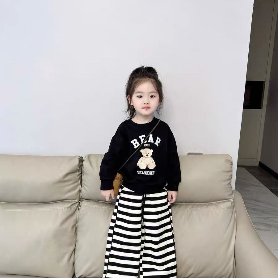 Girls Korean Cartoon Sweatshirt Striped Wide Leg Pants Suit  Autumn Girl Baby Western Style Casual Two-piece Internet Celebrity Outfit