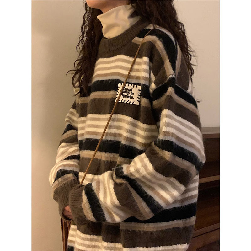 慵懶風復古撞色條紋圓領毛衣女春秋古着vintage軟糯寬鬆針織上衣