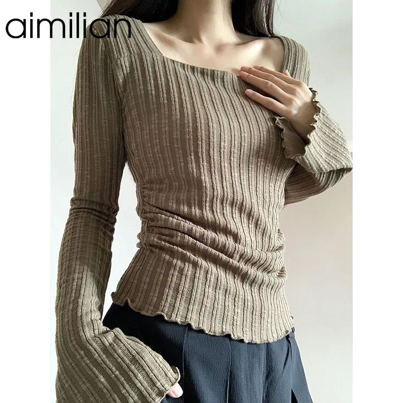 aimilian純欲風辣妹正肩方領長袖T恤女春秋修身顯瘦短款打底上衣