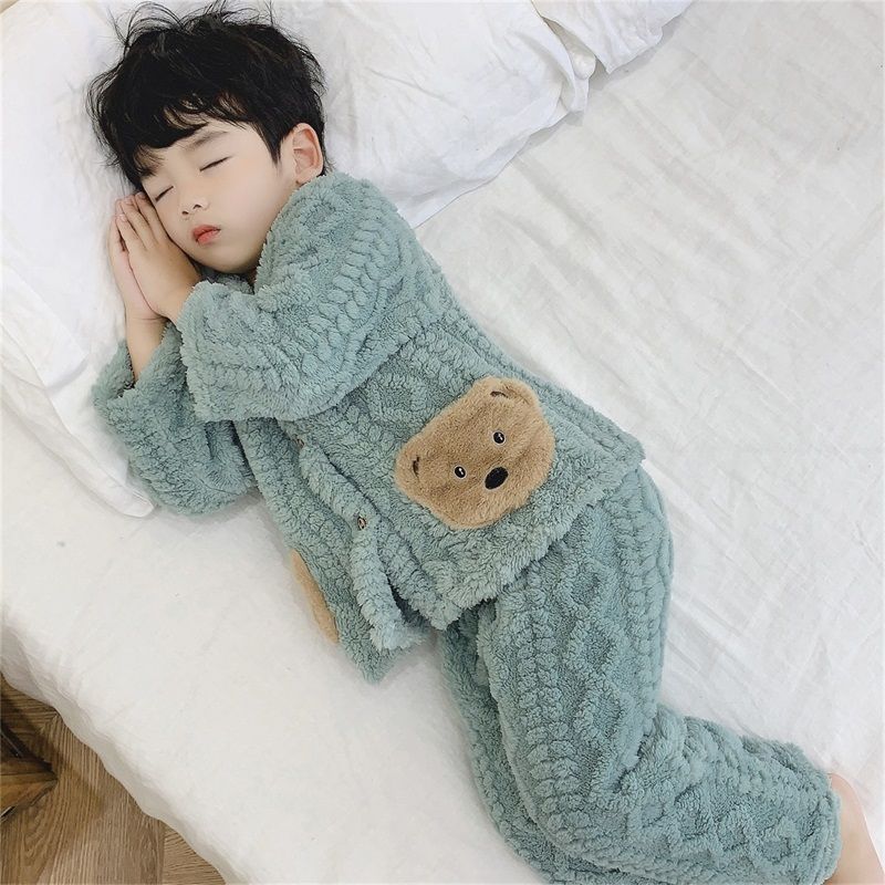 Boys' flannel pajamas set two-piece set girls autumn and winter plus fleece baby home clothes set universal winter style