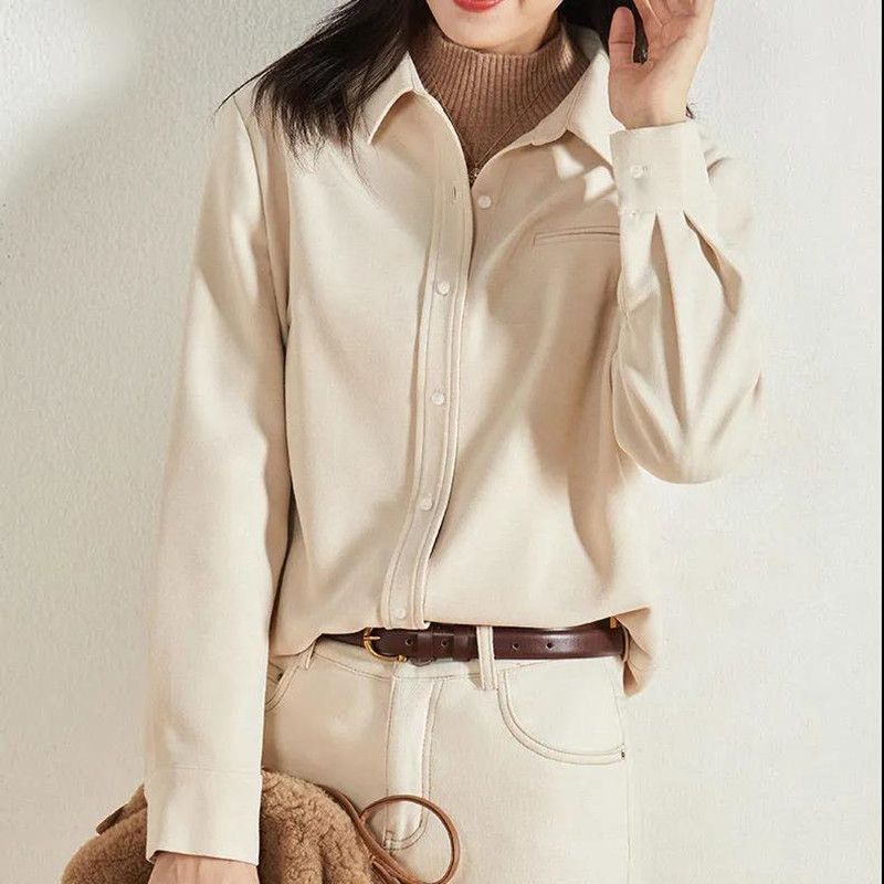 韩版磨毛纯色长袖衬衫女秋冬新款高级感衬衣显瘦宽松职业通勤上衣