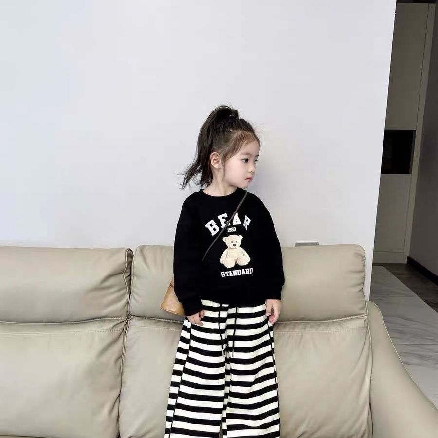 Girls Korean Cartoon Sweatshirt Striped Wide Leg Pants Suit  Autumn Girl Baby Western Style Casual Two-piece Internet Celebrity Outfit