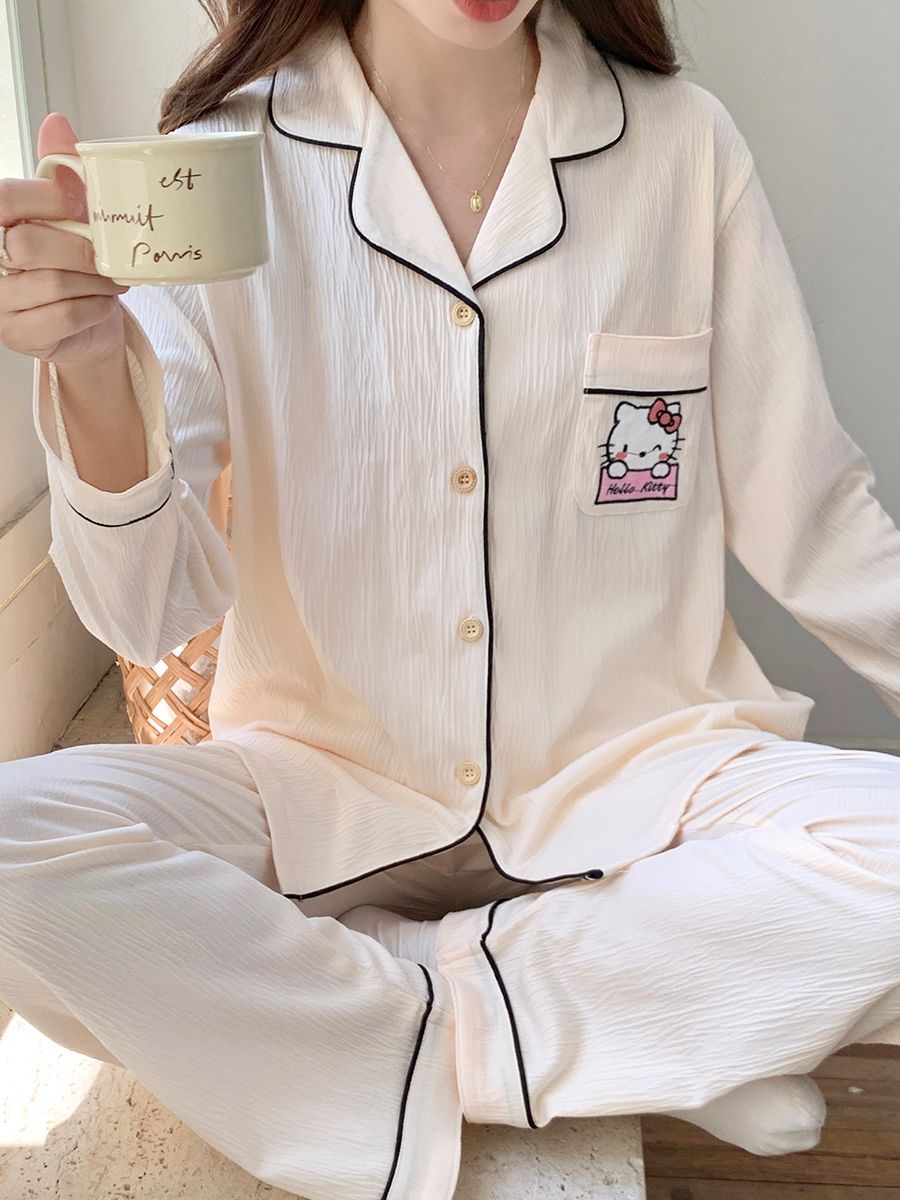 韓版ins簡約kitty貓睡衣女春秋新款長袖長褲學生家居服套裝可外穿