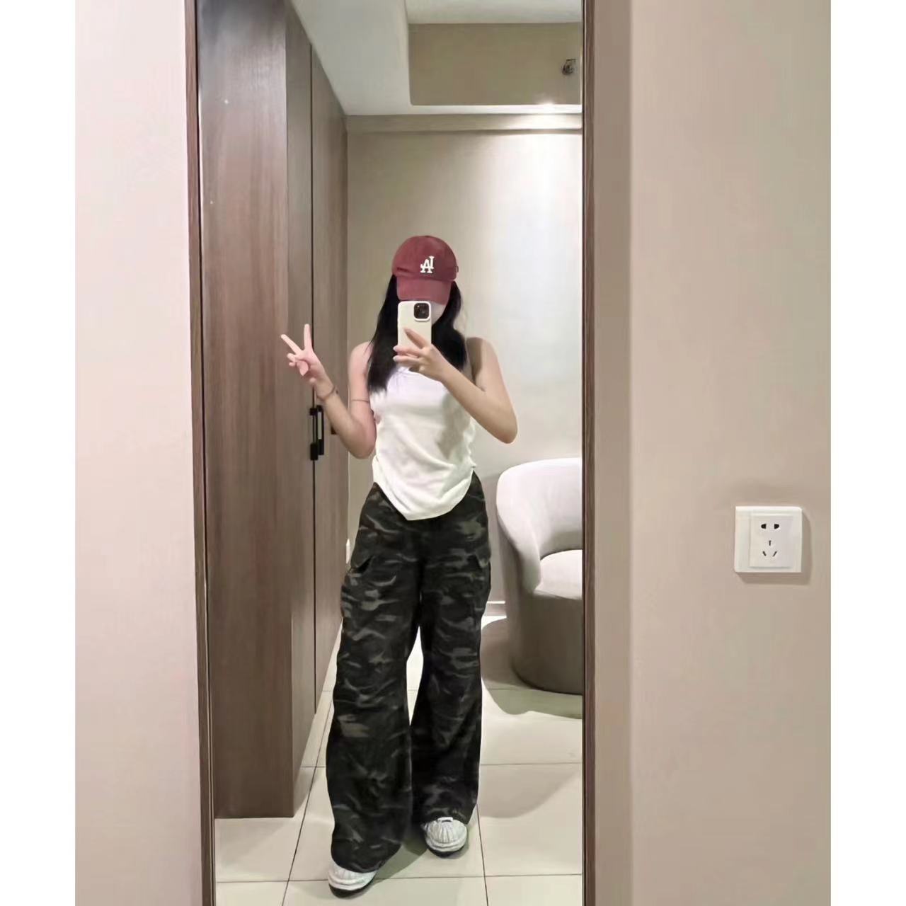 秋冬季美式抽繩迷彩牛仔褲女長褲直筒寬鬆百搭辣妹闊腿跳舞褲子潮