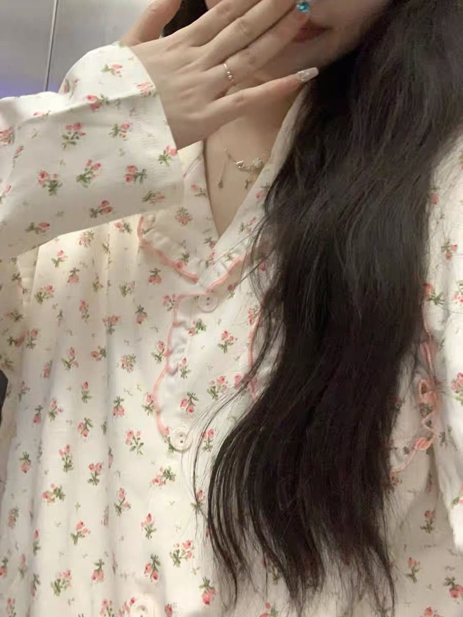 ins公主風荷葉邊碎花睡衣女春秋季長袖甜美可愛可外穿家居服套裝