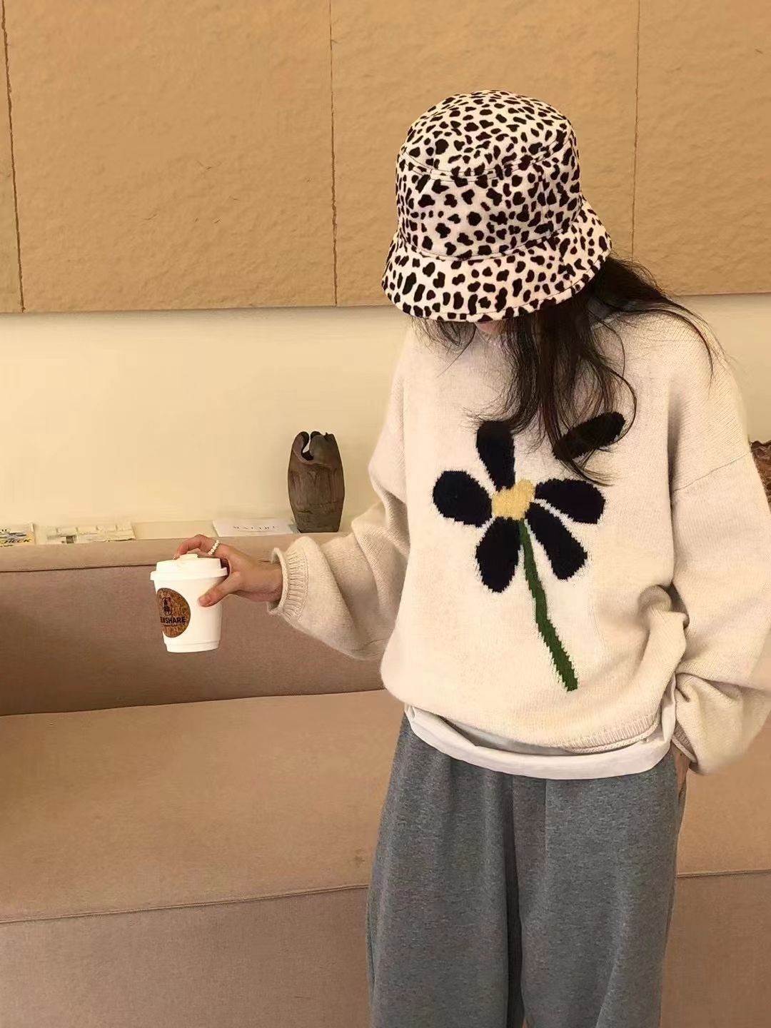 慵懶風ins韓系早秋寬鬆花朵針織衫超好看套頭毛衣設計感女上衣