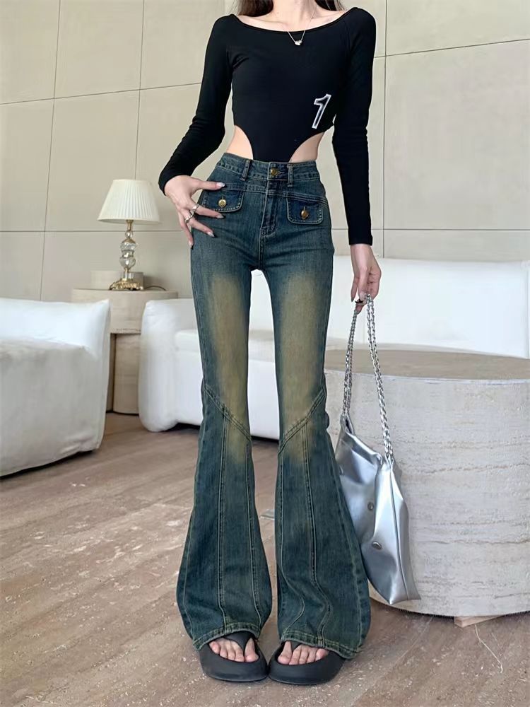 復古美式百搭彈力微喇叭牛仔褲女ins高腰修身顯瘦辣妹風拖地長褲