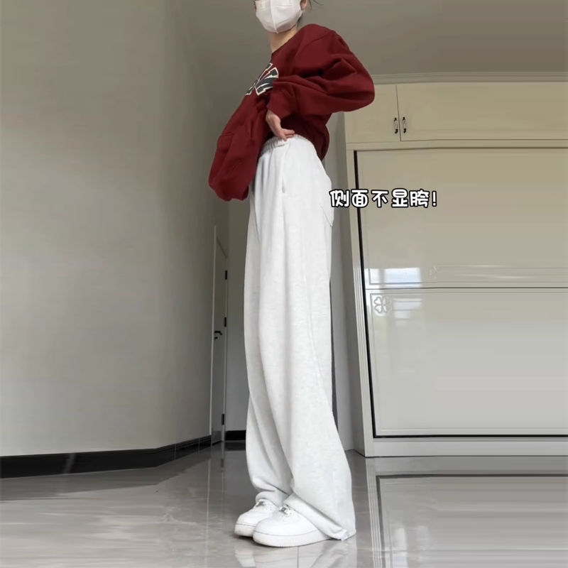白灰色運動褲女春秋季寬鬆束腳2023新款美式顯瘦直筒闊腿休閒衛褲
