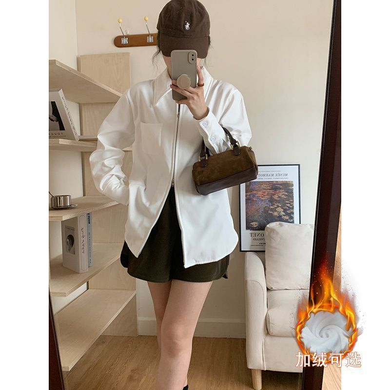 小香風長袖白襯衫女雙拉鏈設計感加絨襯衣秋冬新款簡約學院風上衣