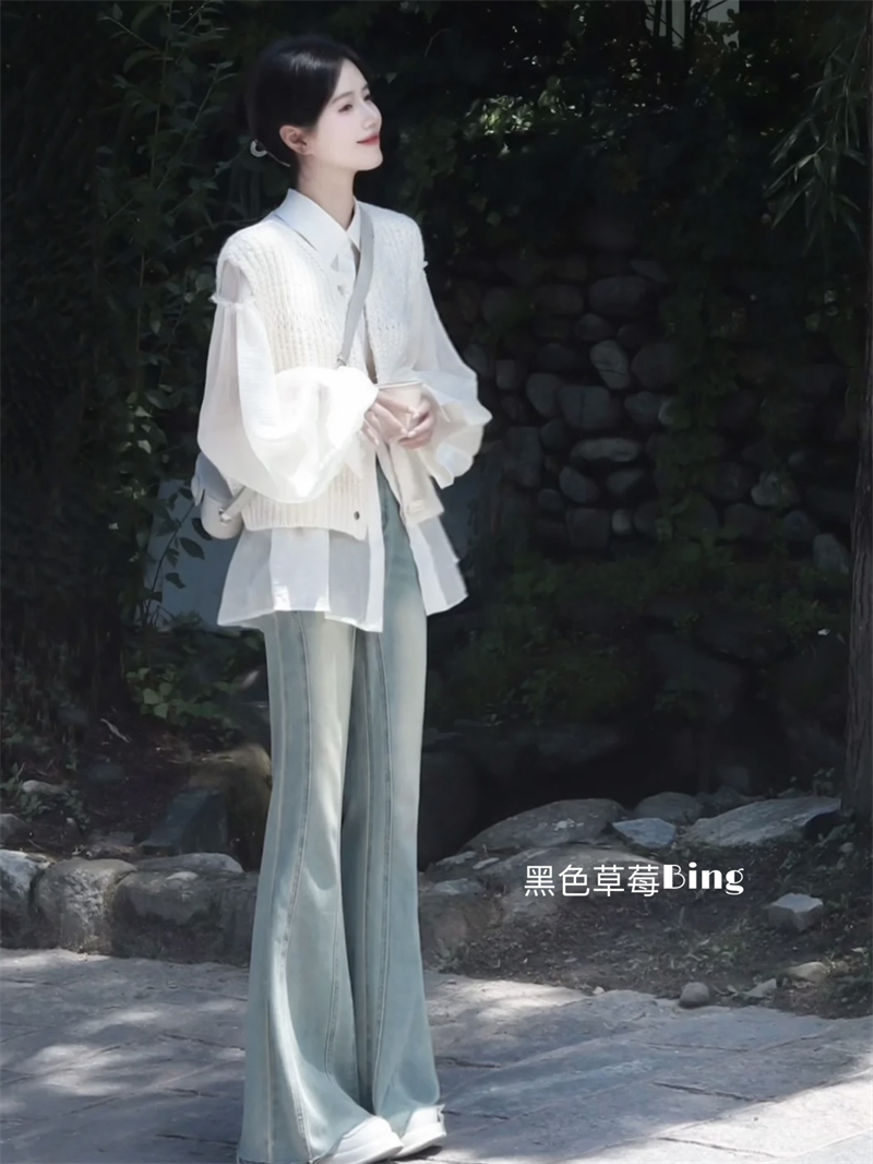 韓系純欲溫柔風高級感純色毛衣馬甲針織坎肩疊穿長袖襯衣兩件套女