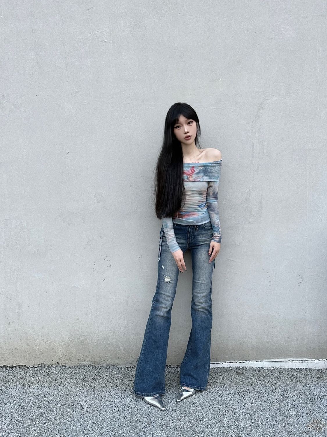 低腰做舊微喇叭牛仔褲女2023秋季復古高街美式辣妹修身馬蹄褲子