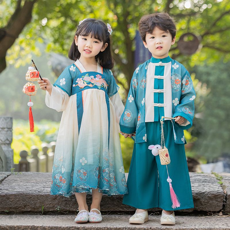 漢服男童唐裝女童古裝套裝兒童春秋中國風寶寶中式周歲禮服兄妹裝