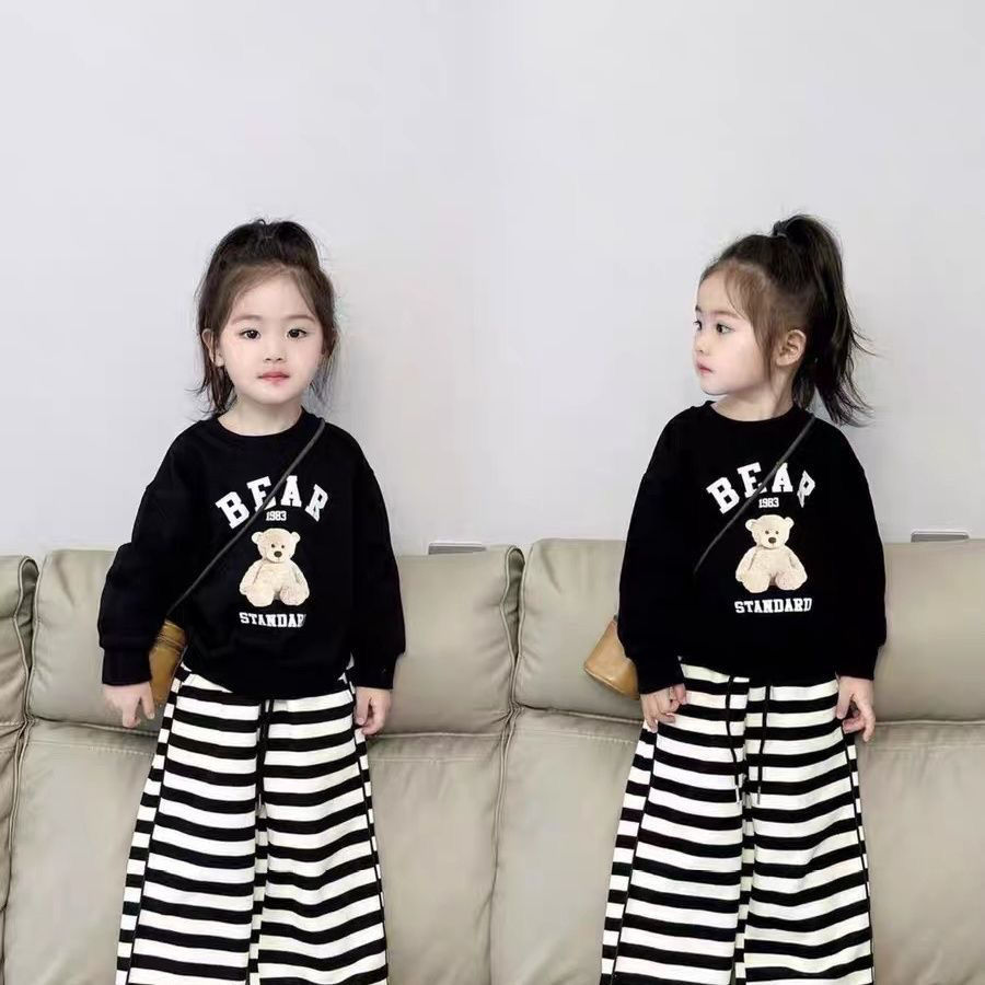 Girls Korean Cartoon Sweatshirt Striped Wide Leg Pants Suit  Autumn Girl Baby Western Style Casual Two-piece Internet Celebrity Outfit