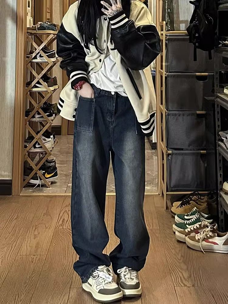 微胖穿搭設計感闊腿牛仔褲女秋冬大碼胖mm高腰顯瘦遮胯直筒長褲潮