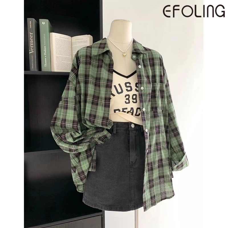 EFOLONG美式復古綠色格子襯衫女春秋慵懶風寬鬆長袖休閒上衣外套