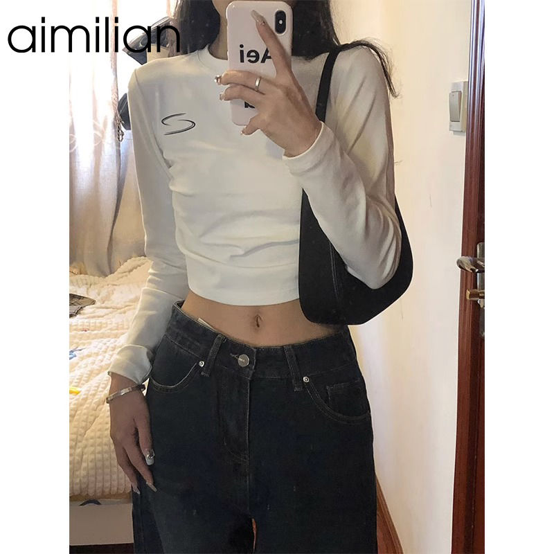 aimilian美式復古正肩長袖t恤女春秋設計感修身顯瘦辣妹短款上衣