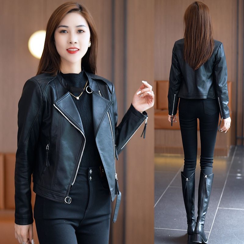 Short Slim Fit PU Leather Jacket Women's 2023 Spring and Autumn New White Temperament Versatile Motorcycle Leather Jacket Top