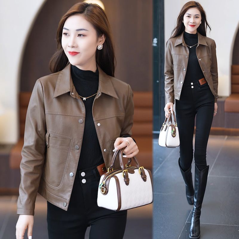 Leather jacket women's short spring and autumn slim black pu leather jacket 2023 new high-end women's motorcycle top