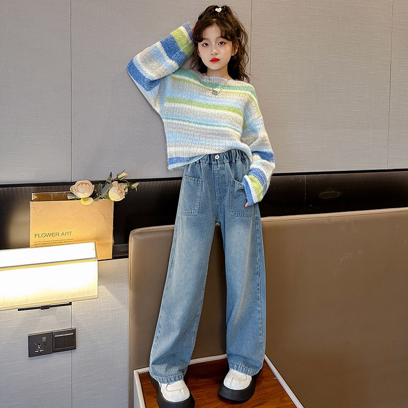 女童褲子春秋2023新款兒童牛仔褲女孩秋季長褲大童秋裝直筒闊腿褲