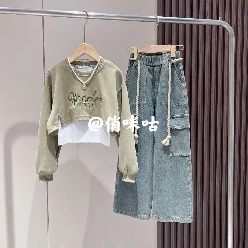 女童裝秋季新款中大童秋裝韓版背心字母衛衣工裝牛仔工裝褲三件套