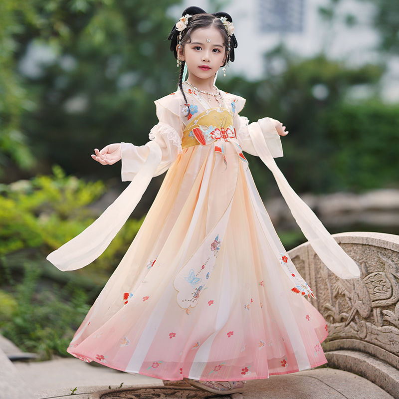 漢服女童2023秋款兒童古裝中國風超仙唐裝古風公主女孩春秋連衣裙