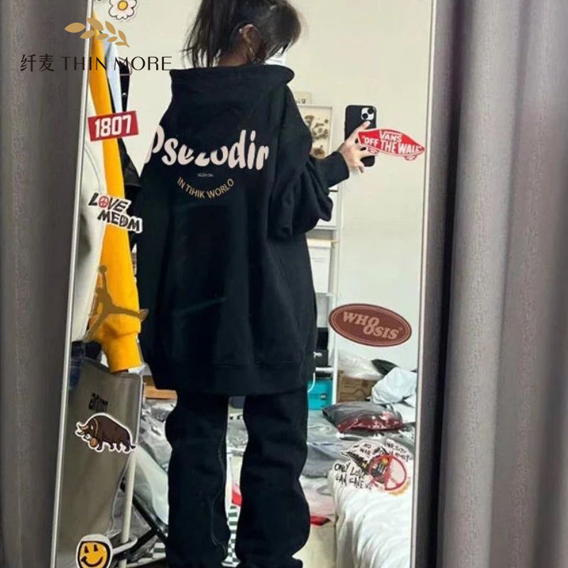纖麥380G重磅美式復古黑色連帽衛衣女春秋薄款oversize歐美高街潮