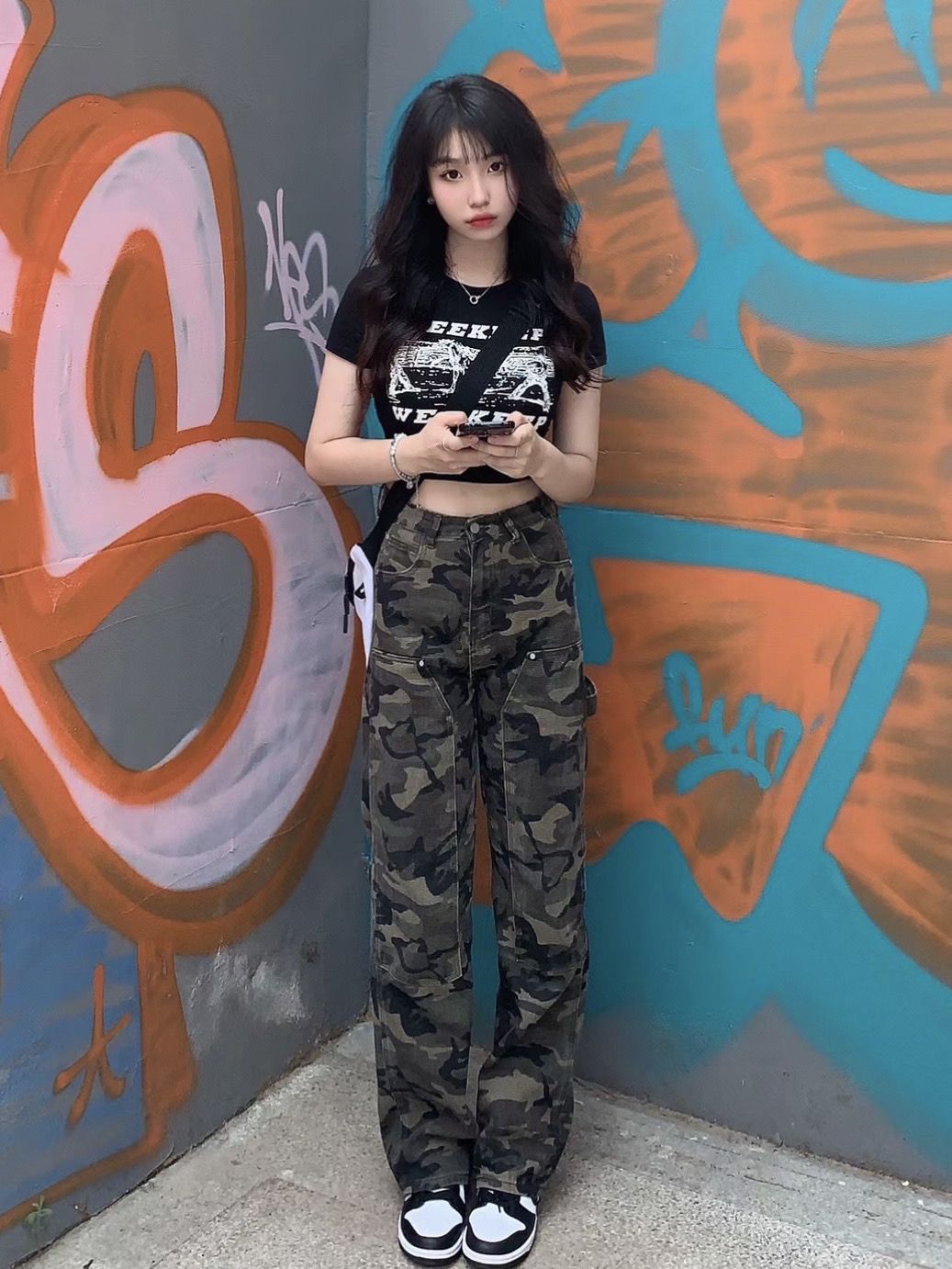 美式復古高腰迷彩工裝褲子女秋季2023新款國潮休閒直筒闊腿長褲