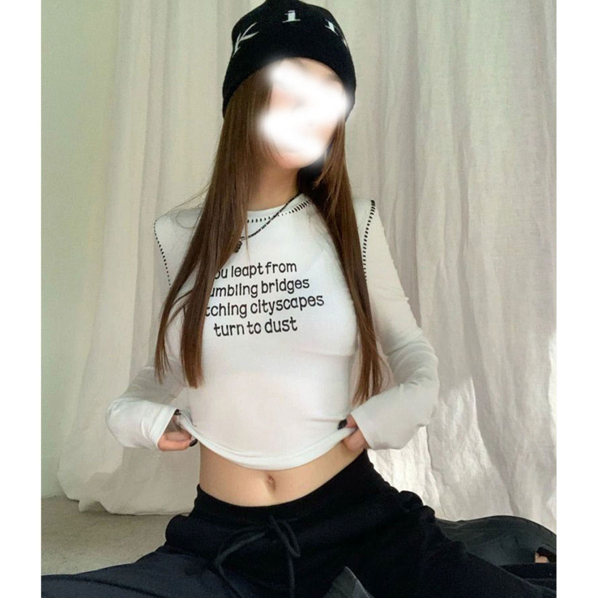 2023年美式辣妹正肩長袖女秋季明線設計t恤字母印花短款上衣潮