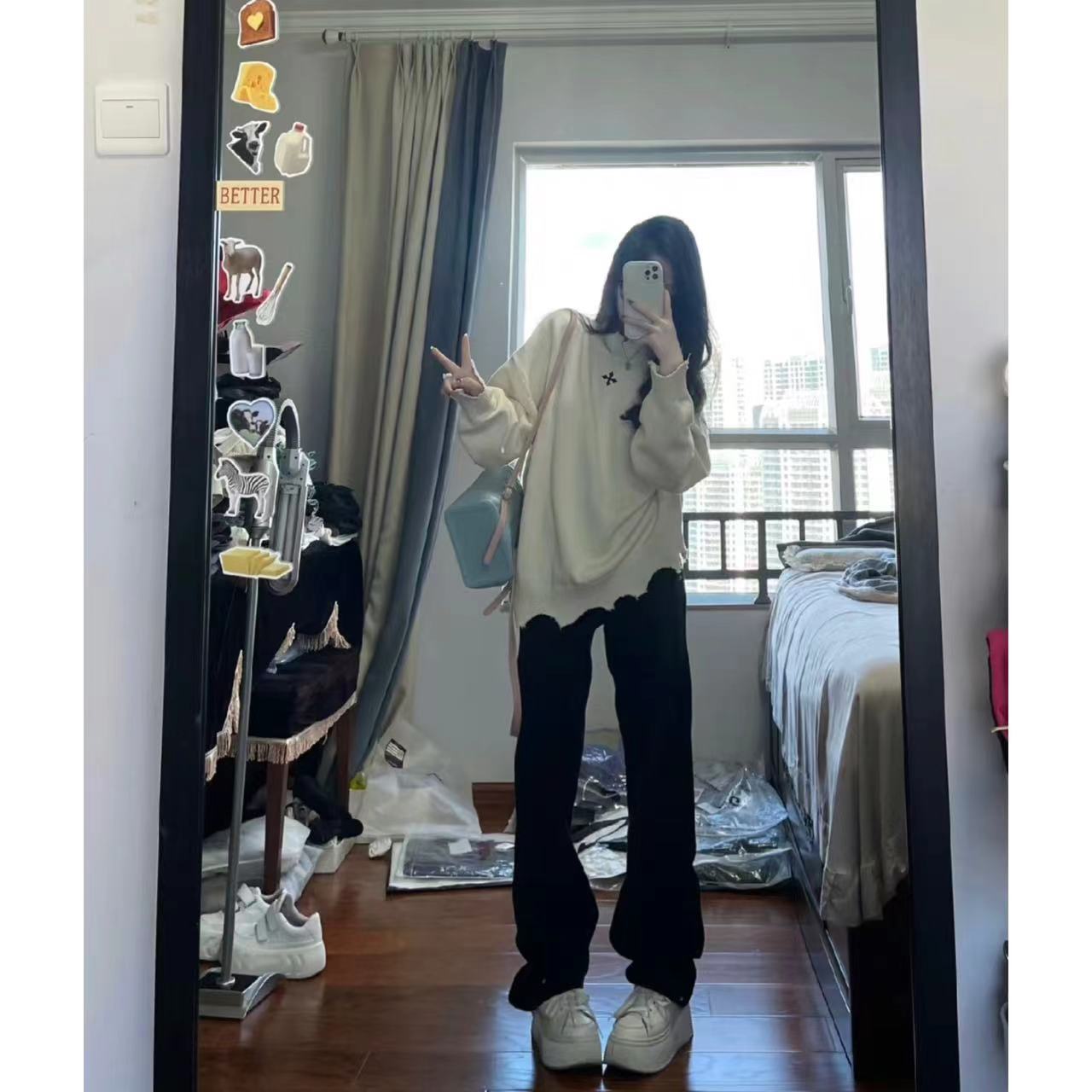 秋冬季黑色牛仔褲女直筒寬鬆拖地加長褲百搭水洗彈力遮肉美式氣質