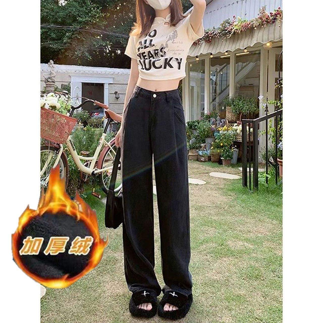 黑色長款牛仔褲女秋季新款高腰寬鬆闊腿顯瘦百搭垂感直筒褲子
