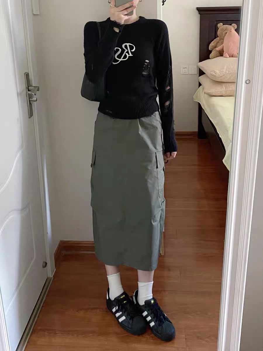 美式破洞針織衫女早秋季字母刺繡薄款長袖t恤修身打底衫復古上衣