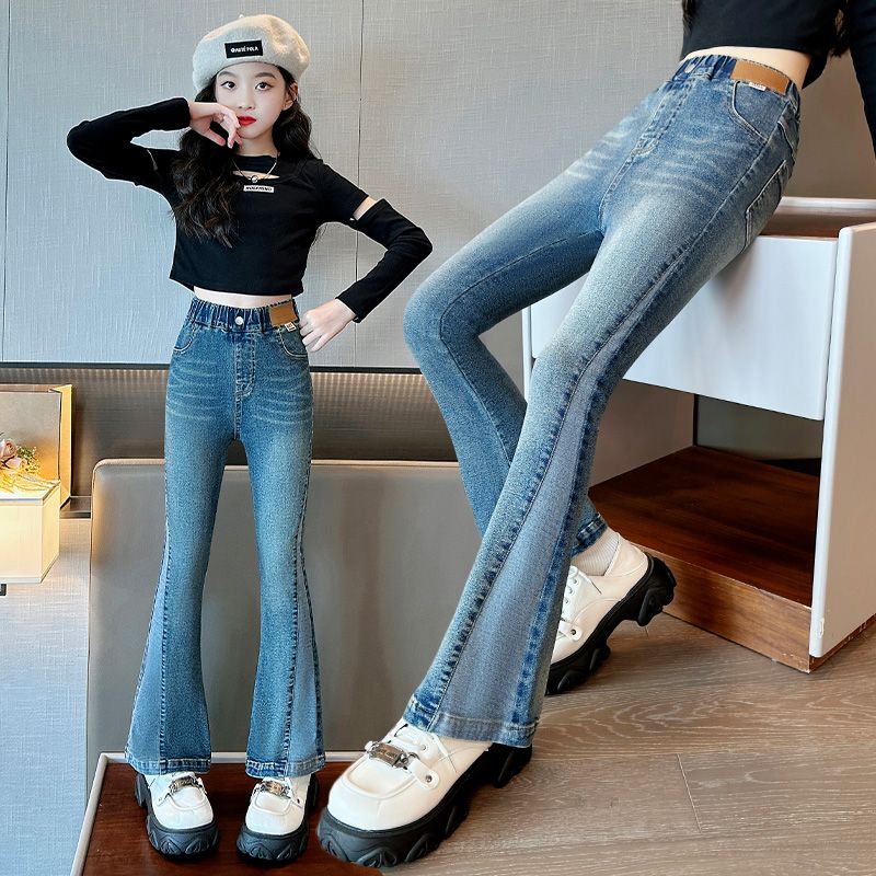 Girls' bootcut jeans student version stretch pants spring and autumn new style bell bottoms children's girls medium and large children's high waist