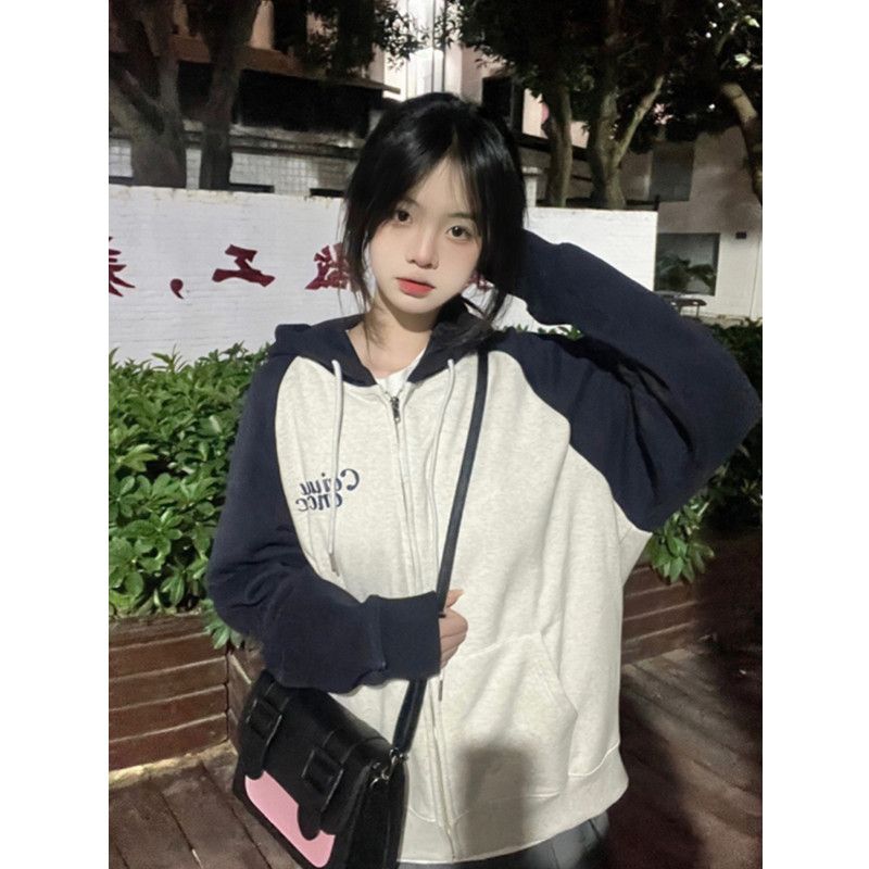 美式復古拼色衛衣女春秋寬鬆ins潮牌慵懶風oversize開衫連帽外套