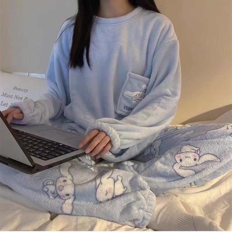 睡衣女冬季加絨加厚珊瑚絨ins風新款春秋法蘭絨保暖家居服套裝