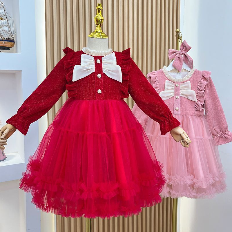 女童紅色連衣裙兒童冬季公主裙新年秋冬新款洋氣加絨拜年裙