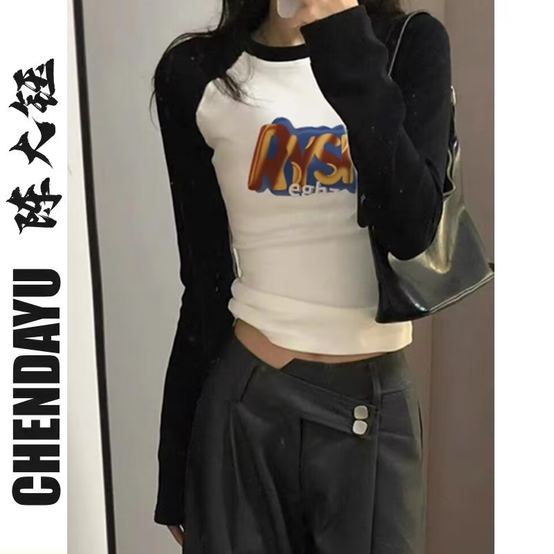 小個子修身插肩長袖T恤辣妹短款女裝秋季新款小眾設計感顯瘦上衣