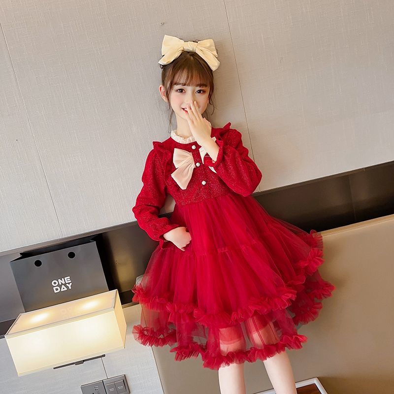 超萌女童长袖连衣裙新款时尚喜庆红色连衣裙小众气质公主裙