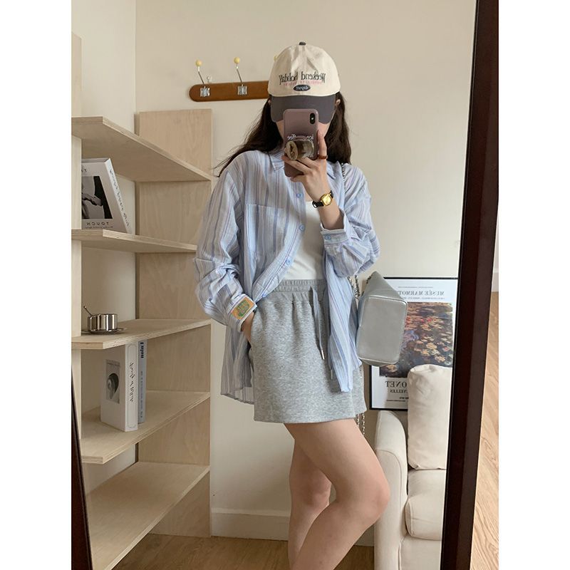 藍色條紋長袖休閒春秋開衫女韓版chic小眾慵懶百搭單排扣襯衫上衣