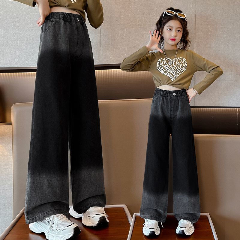 女童牛仔褲春秋2023新款女孩外穿直筒長褲洋氣中大童秋季兒童褲子