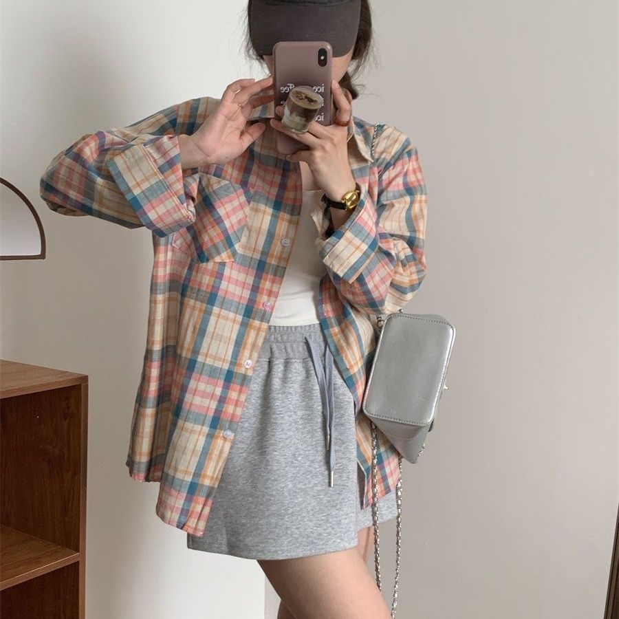 格瑞吉奧復古格子襯衫上衣女春秋設計感小眾長袖外套寬鬆polo襯衣