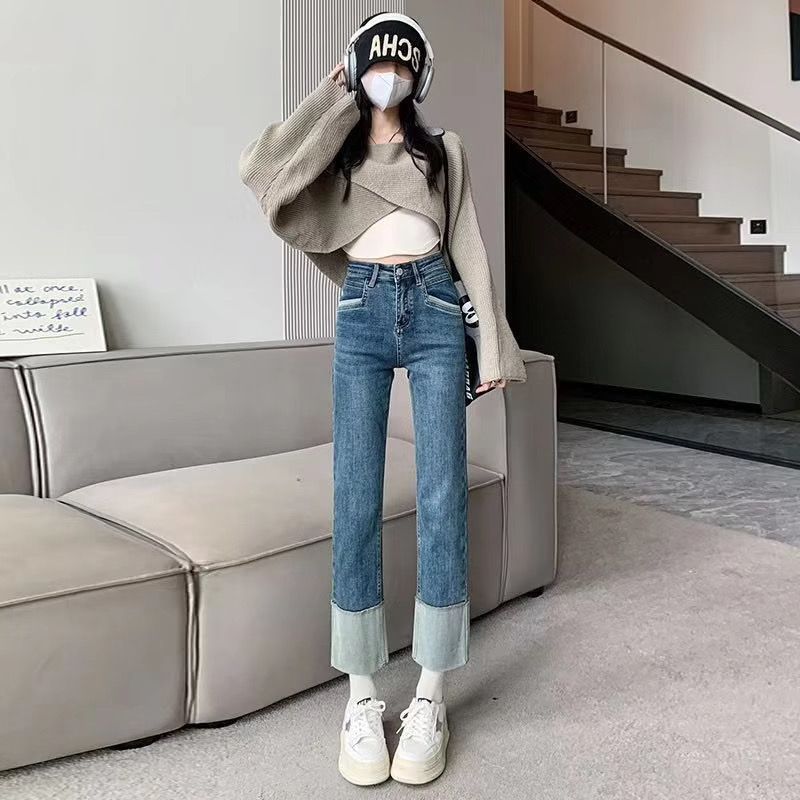 小個子直筒牛仔褲女秋冬新款高腰顯瘦九分褲高彈力撞色拼接煙管褲